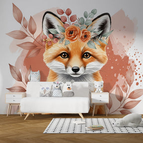 Fox wallpaper creating magical children's bedroom atmosphere with soft pink and beige tones