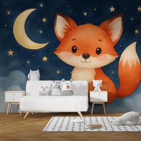 Cute fox mural wallpaper creating magical atmosphere in children's bedroom with night theme