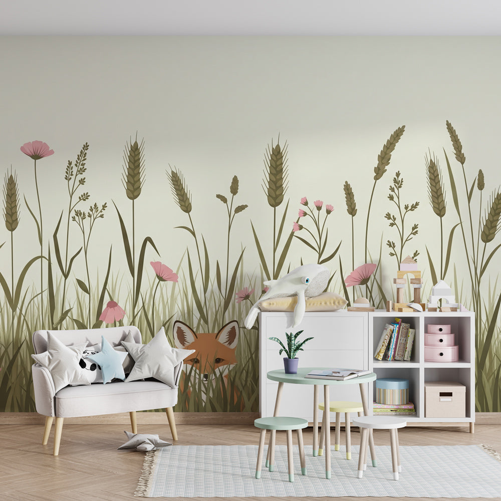 Woodland fox mural wallpaper in modern kids room showcasing natural meadow theme by Kids-Mundo