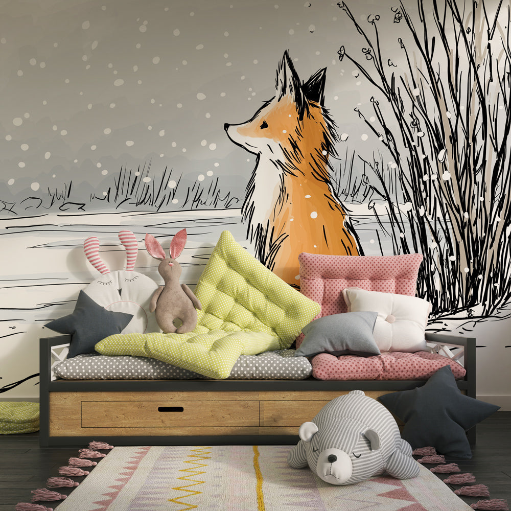 Adorable fox winter wallpaper transforming kids room into magical woodland sanctuary