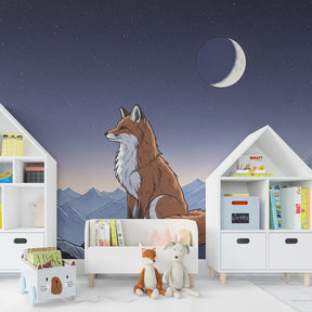 Orange fox under crescent moon mural wallpaper for enchanting children's room decor