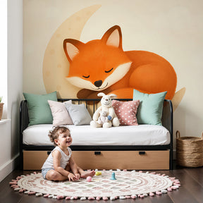 Sleeping fox on moon mural wallpaper in cozy nursery with natural wood furniture by Kids-Mundo