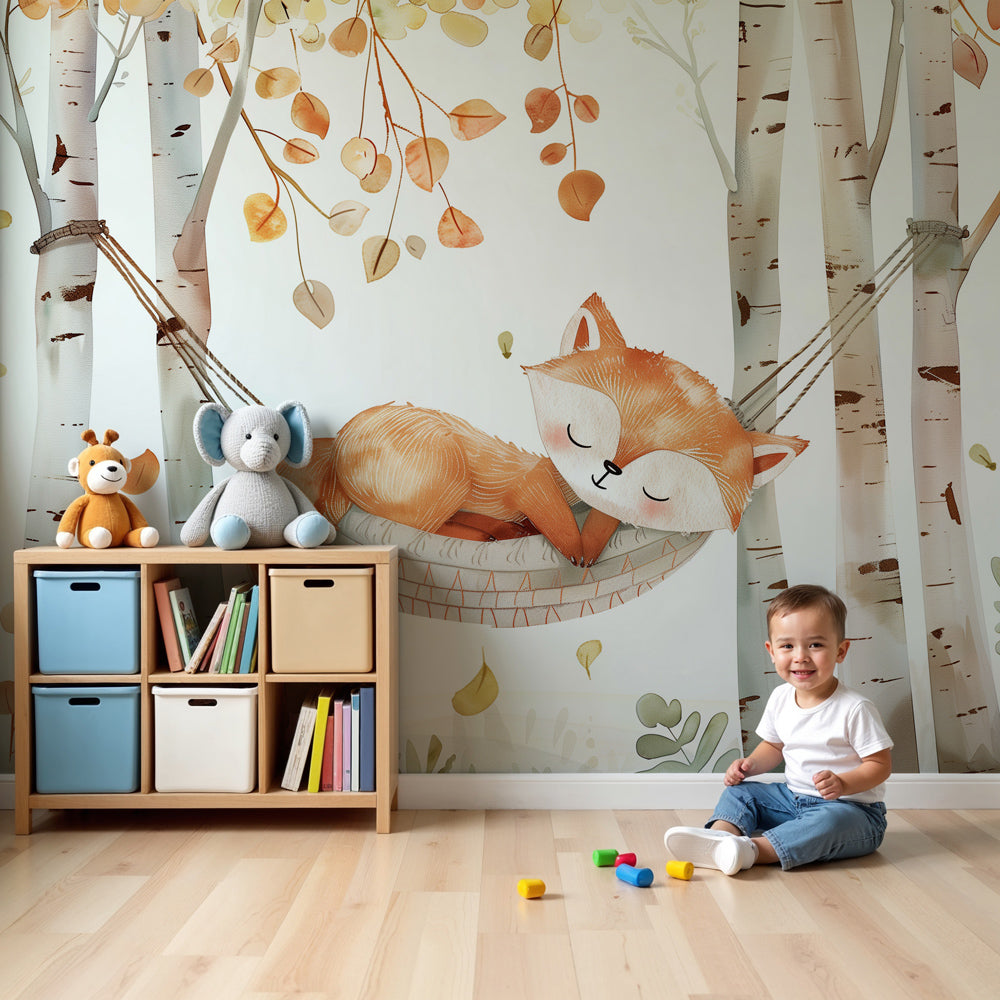 Fox mural wallpaper with sleeping red fox in autumn hammock decorating modern nursery by Kids-Mundo