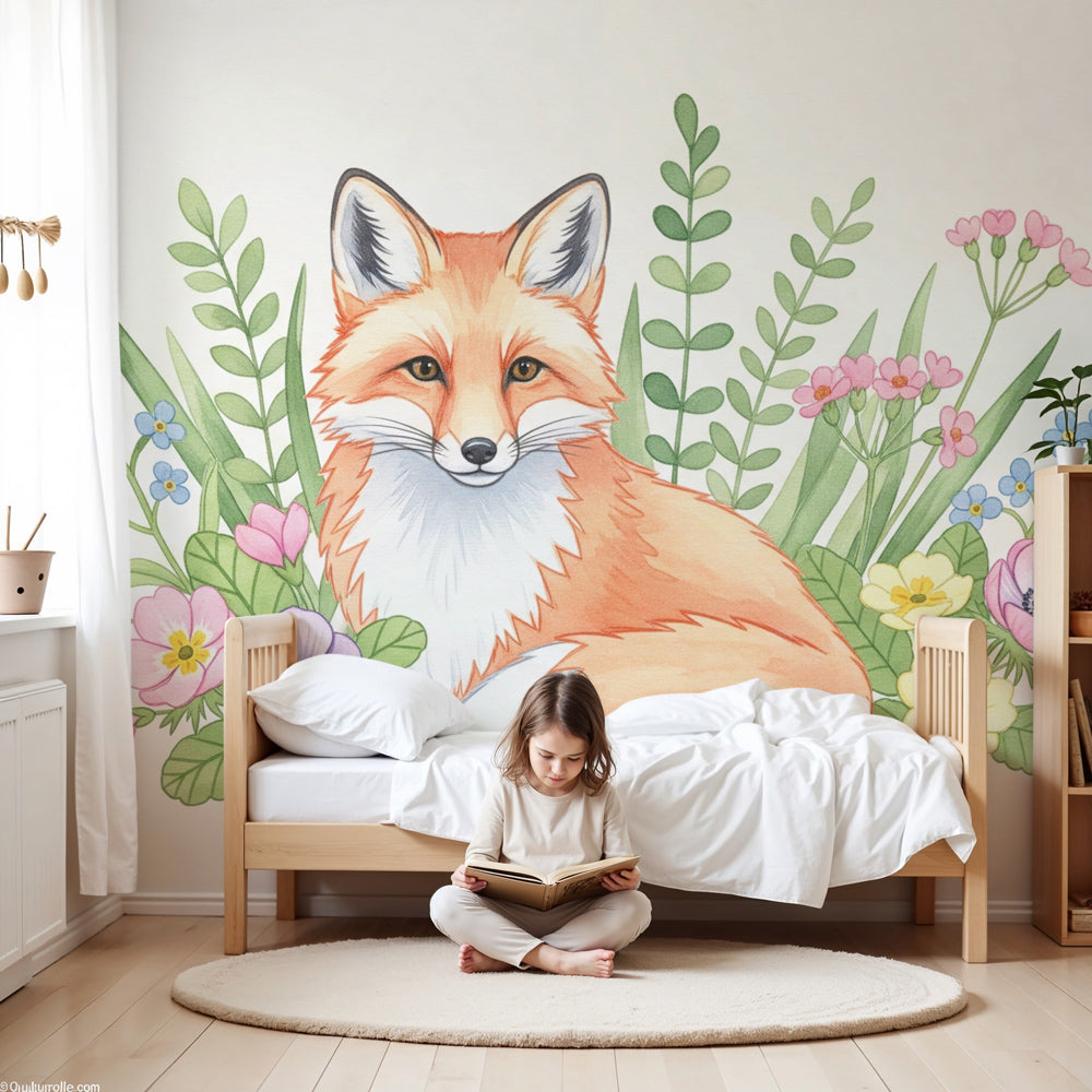 Fox floral mural wallpaper creating enchanting nursery atmosphere with woodland theme by Kids-Mundo