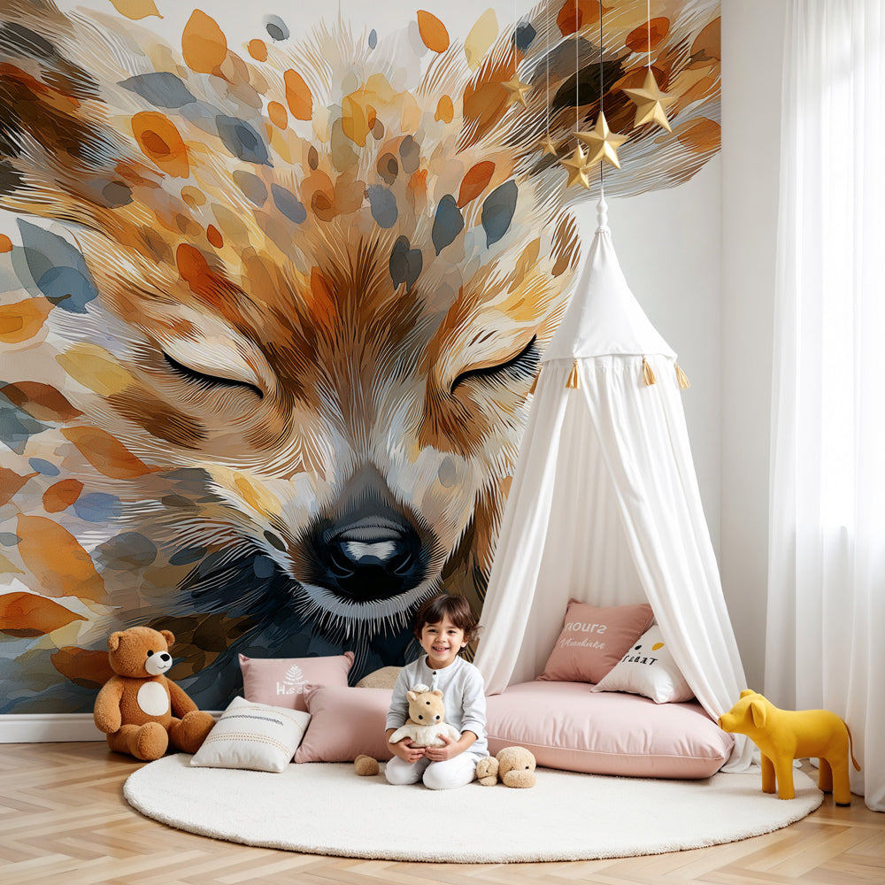 Peaceful fox mural wallpaper with colorful leaves in modern nursery by Kids-Mundo