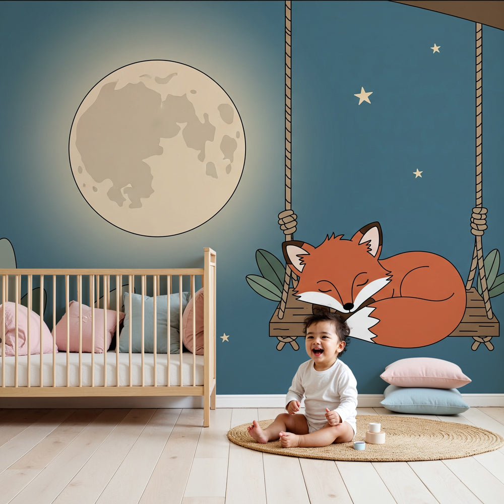 Sleepy fox under moon mural wallpaper in peaceful nursery setting by Kids-Mundo
