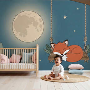 Sleepy fox under moon mural wallpaper in peaceful nursery setting by Kids-Mundo