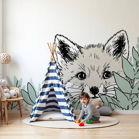 Fox mural wallpaper in modern nursery with natural wood furniture by Kids-Mundo