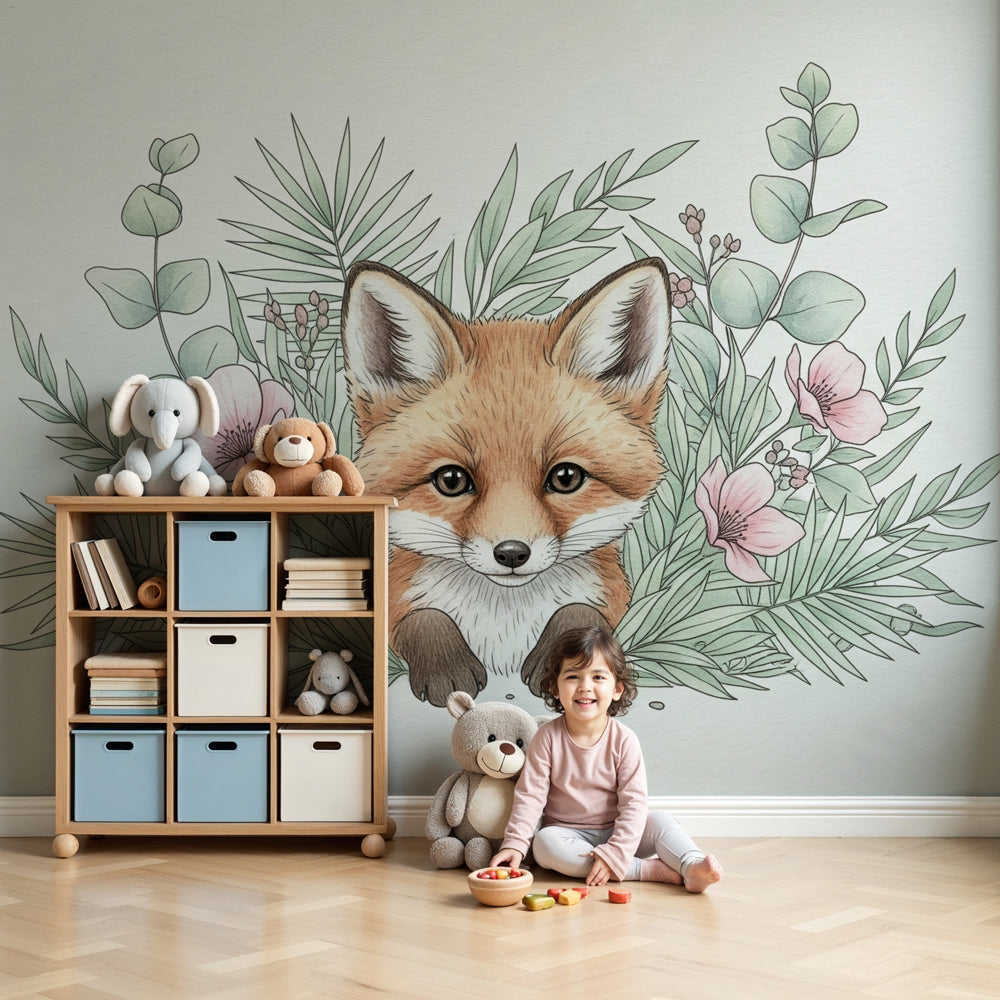 Cute fox mural wallpaper with pink flowers decorating peaceful nursery by Kids-Mundo