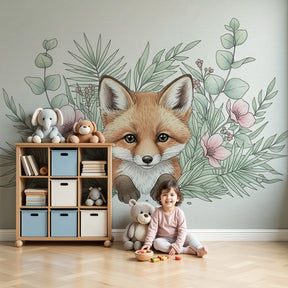 Cute fox mural wallpaper with pink flowers decorating peaceful nursery by Kids-Mundo