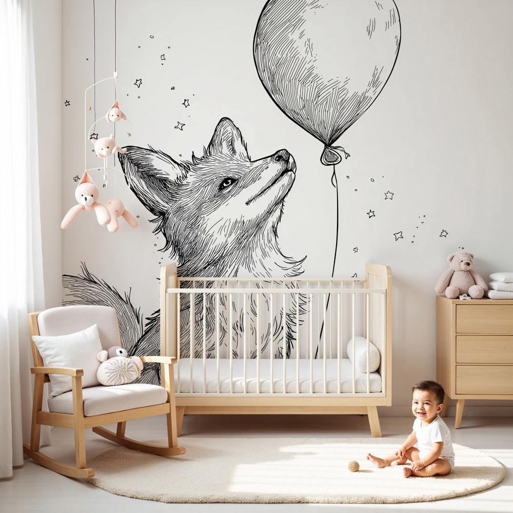 Fox mural wallpaper with magical balloon creating whimsical nursery decor by Kids-Mundo