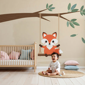 Fox swing mural wallpaper in modern nursery with natural wood crib by Kids-Mundo