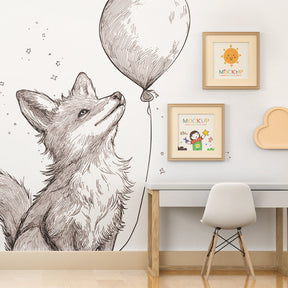 Black and white fox mural wallpaper transforming kids playroom with magical stars