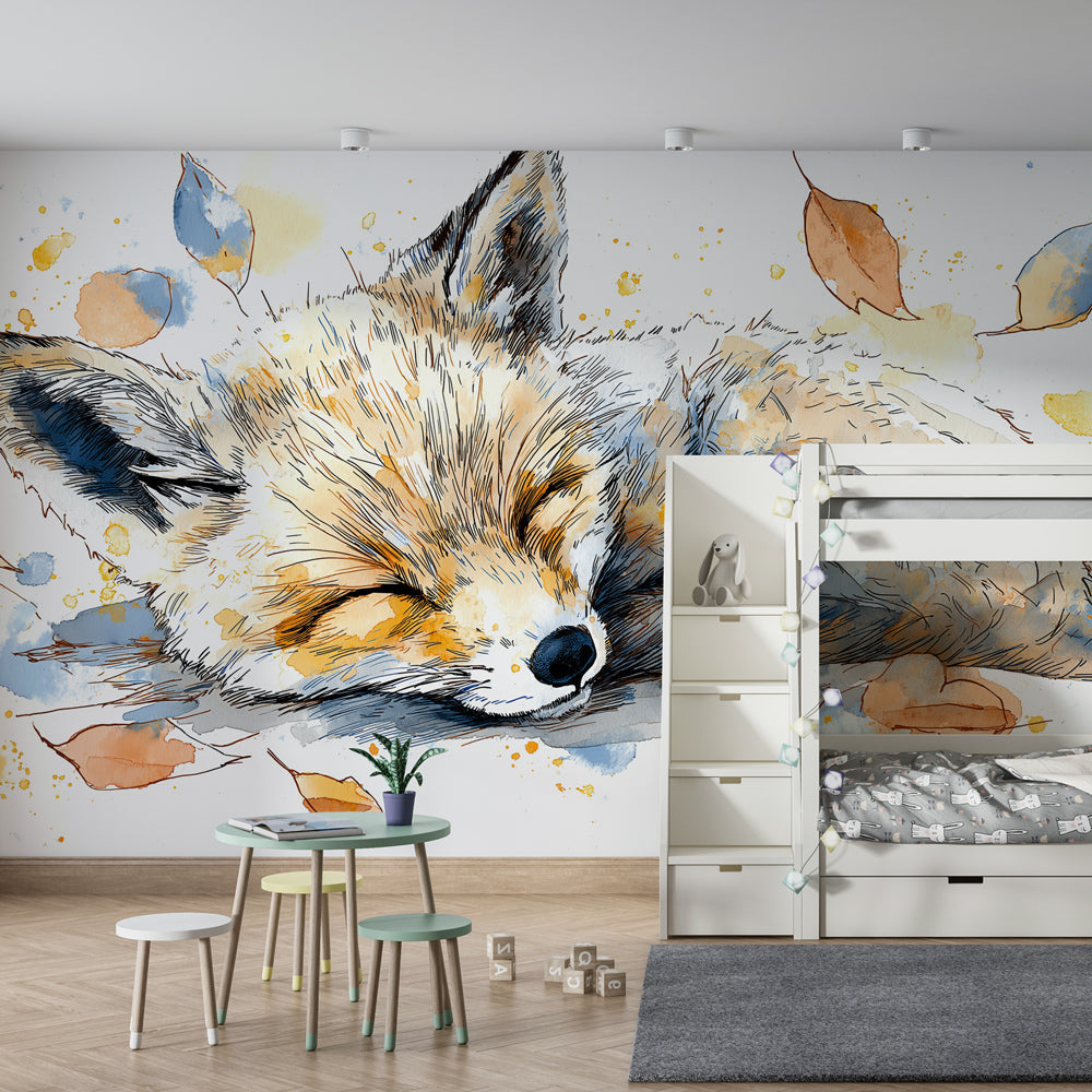 Nature-themed fox mural wallpaper for cozy children's playroom by Kids-Mundo