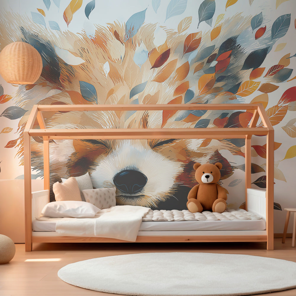 Nature-themed fox mural wallpaper transforming kids playroom with colorful leaves