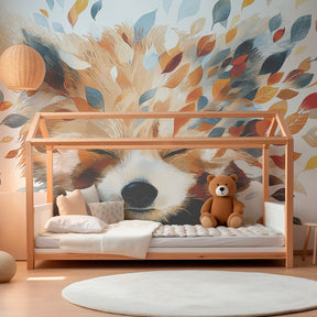 Nature-themed fox mural wallpaper transforming kids playroom with colorful leaves