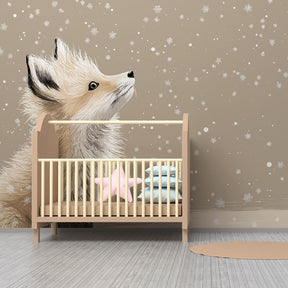 Winter fox mural wallpaper in bright playroom setting with natural wood furniture