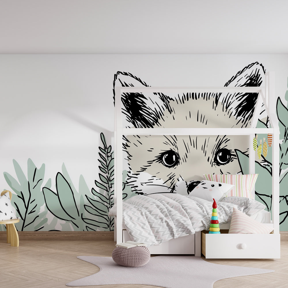 Wildlife fox mural wallpaper with green foliage in cozy kids playroom