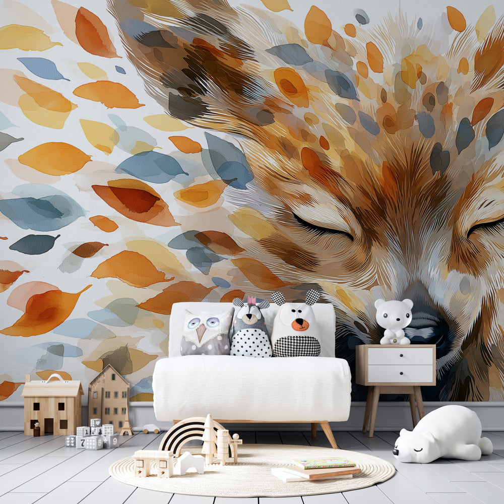 Nature themed fox mural wallpaper transforming kids playroom into magical forest space