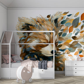 Woodland fox mural wallpaper transforming children's playroom into magical forest sanctuary