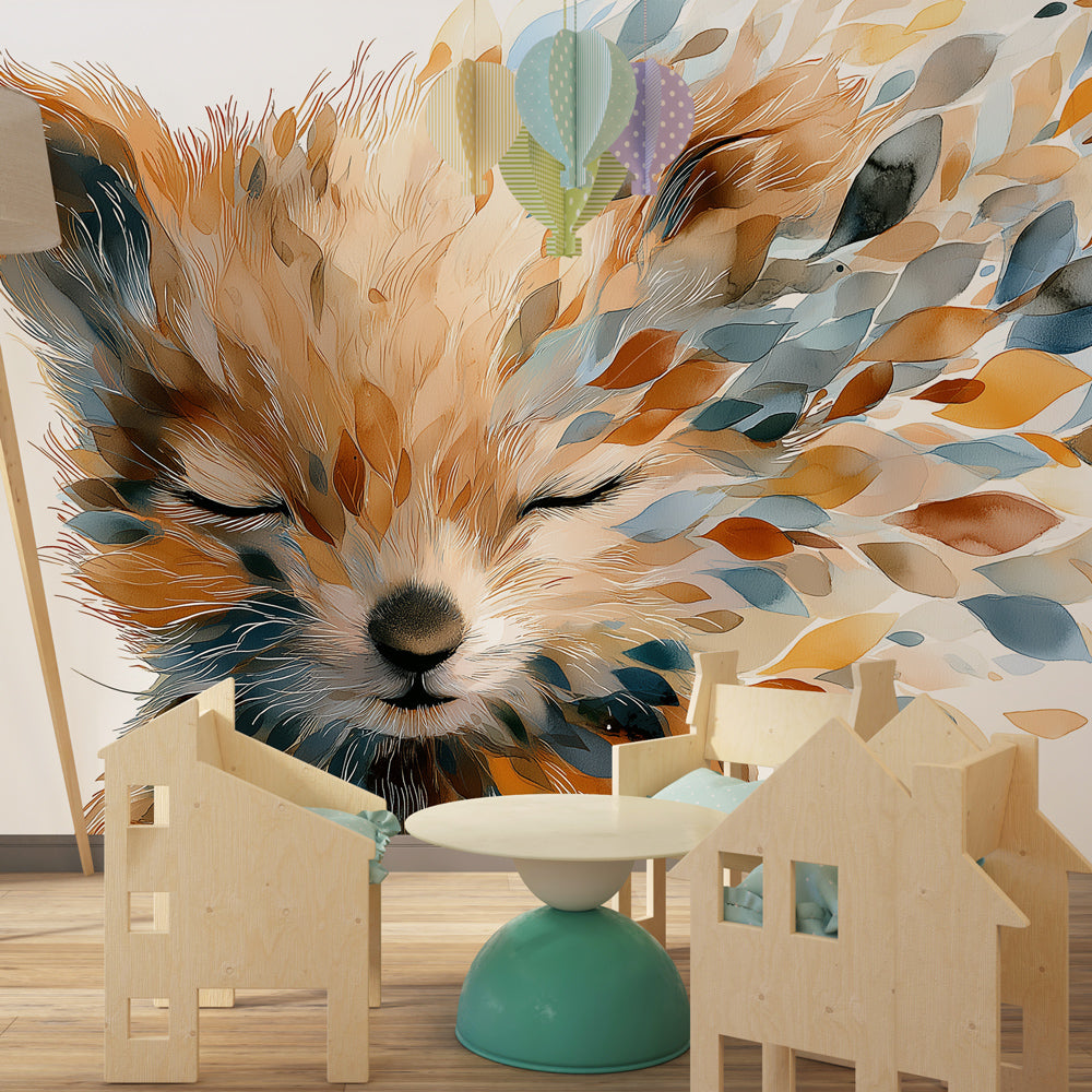 Nature-themed fox wallpaper with earth tones in cozy kids playroom by Kids-Mundo