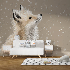 Snowy fox wallpaper transforming children's bedroom into winter wonderland decor