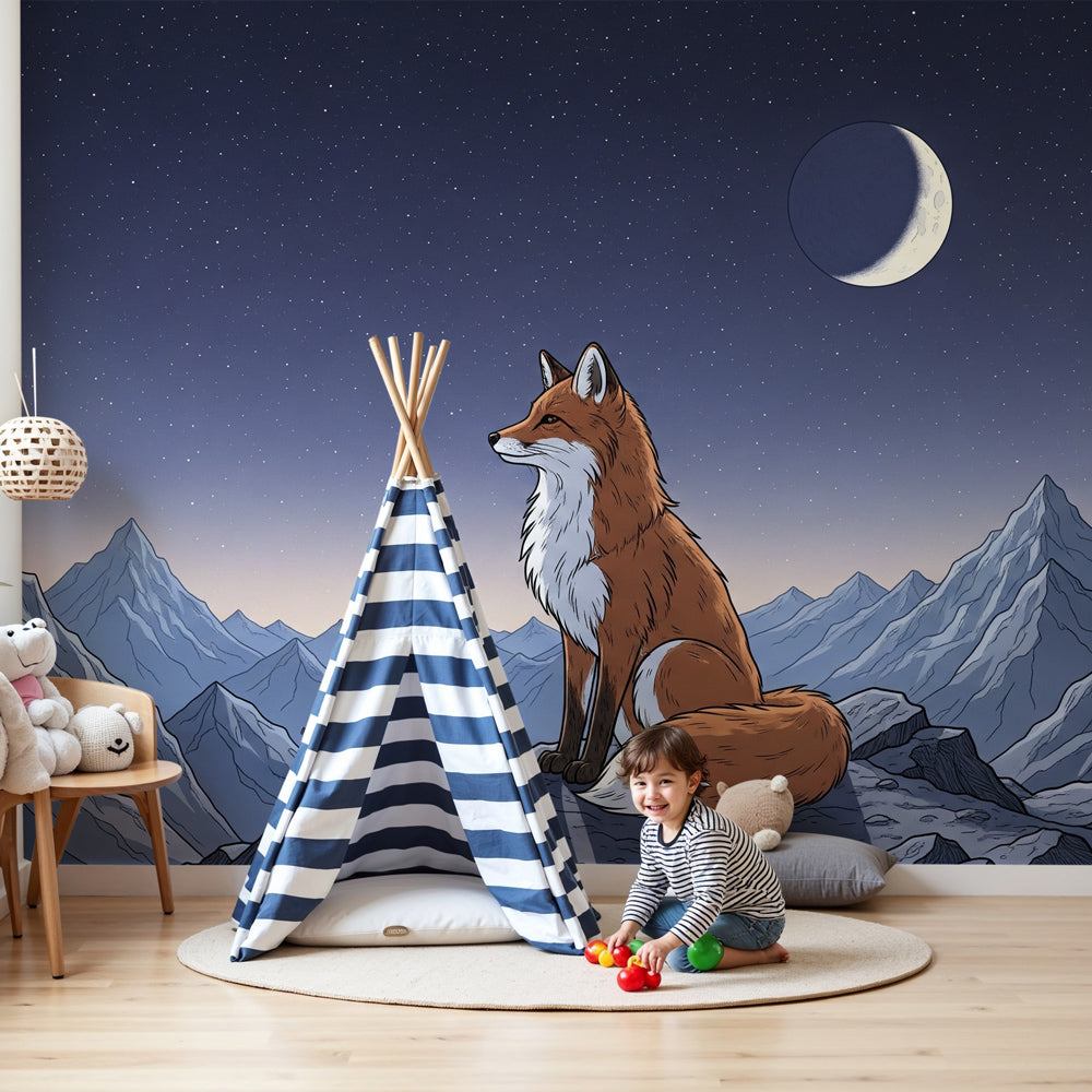 Fox mural wallpaper with starry mountain scene in modern nursery room by Kids-Mundo