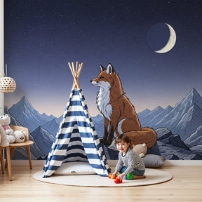 Fox mural wallpaper with starry mountain scene in modern nursery room by Kids-Mundo