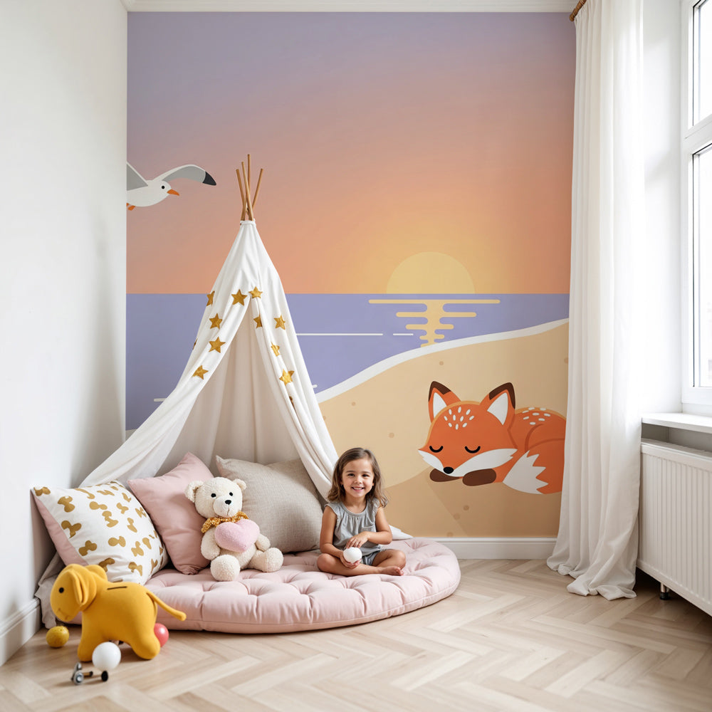 Sleeping fox sunset beach mural wallpaper in peaceful nursery setting by Kids-Mundo