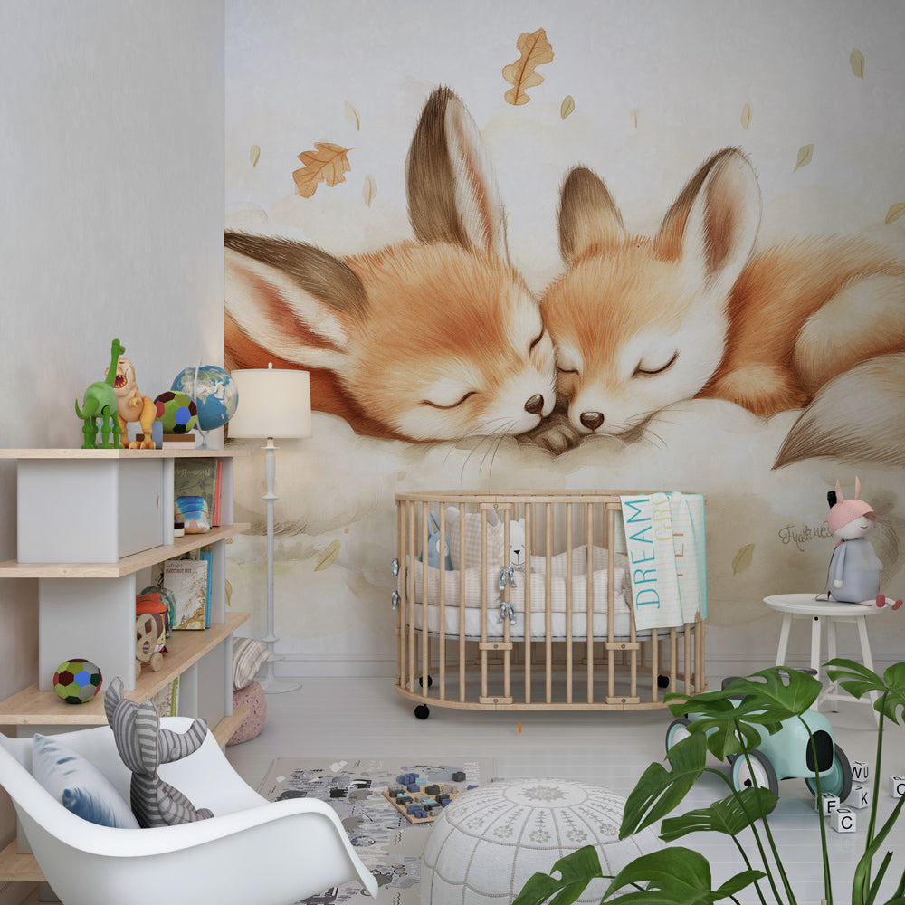Fox cubs wallpaper in cozy toddler bedroom with warm autumn colors and natural decor
