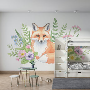 Orange fox mural wallpaper with colorful blooms transforming toddler room into magical space