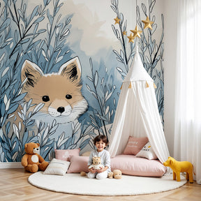Fox mural wallpaper creating enchanting winter woodland nursery decor by Kids-Mundo