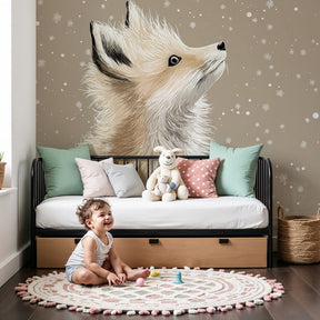 Fox winter mural wallpaper creating cozy atmosphere in modern nursery by Kids-Mundo