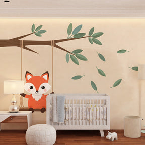 Playful fox wallpaper creating cozy woodland atmosphere in children's bedroom