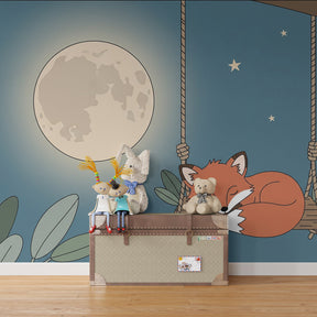 Woodland fox mural wallpaper with moon and stars for children's room by Kids-Mundo