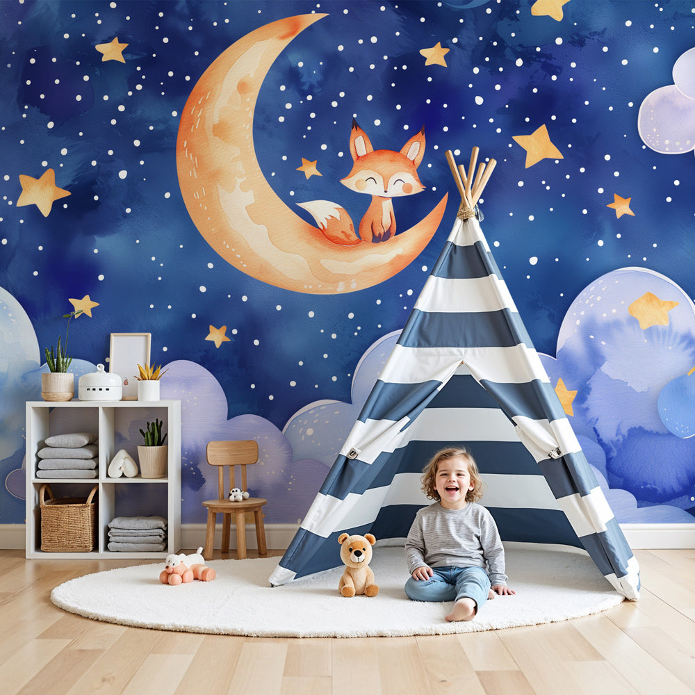 Kids-Mundo fox and moon wall mural above a cot in a calm blue-toned nursery.