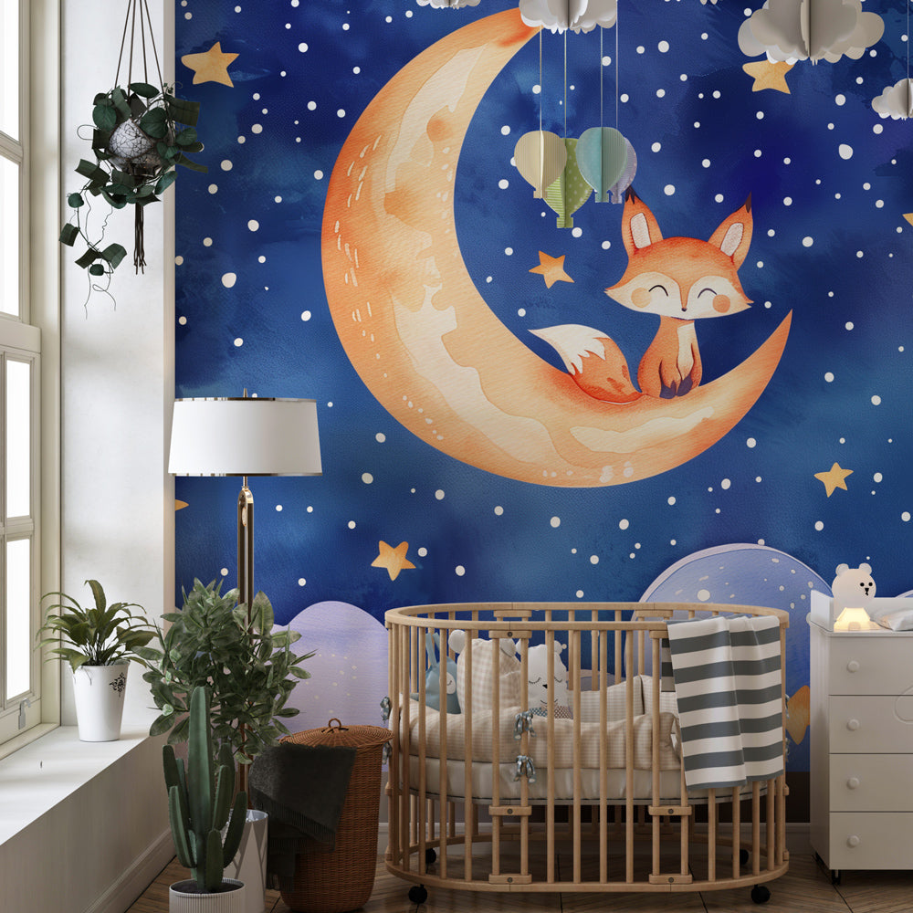 Kids-Mundo sleepy fox wall mural adding a dreamy night sky to a cosy playroom.