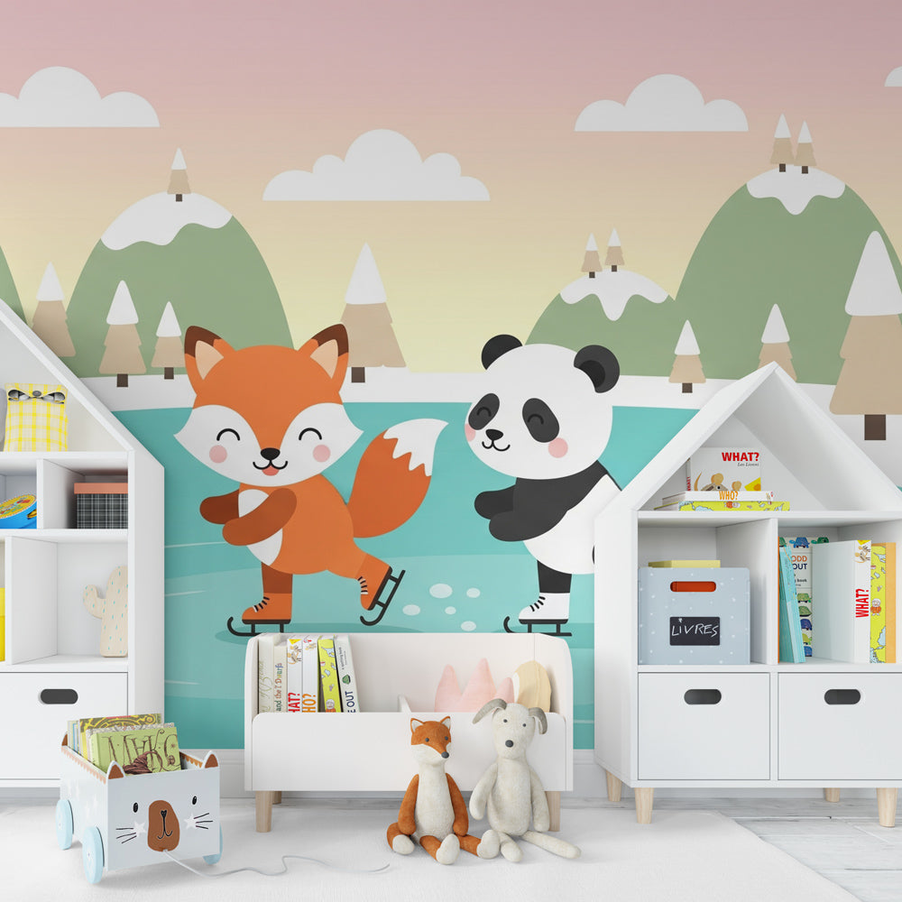 Fox and panda ice skating wallpaper creating magical winter atmosphere in children's bedroom