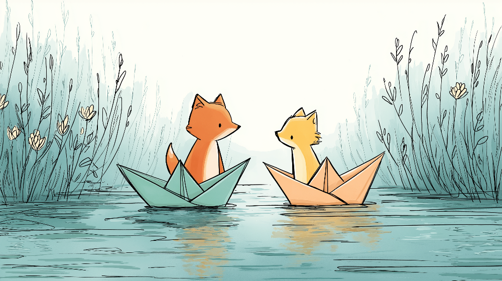 Kids-Mundo flat artwork of two foxes sitting in paper boats on a misty pond surrounded by reeds