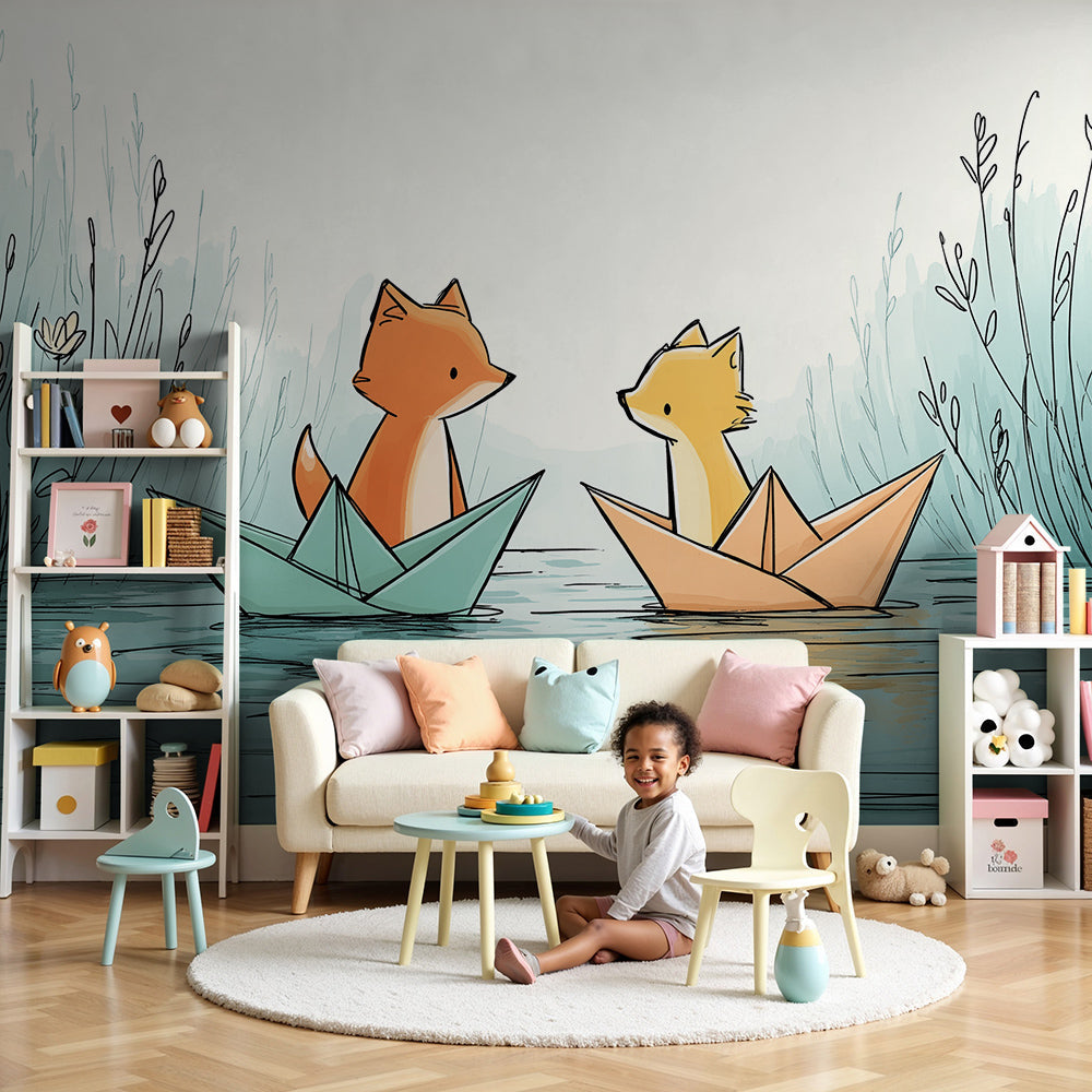 Kids-Mundo fox paper boats wall mural behind a cot in a soft, calming nursery