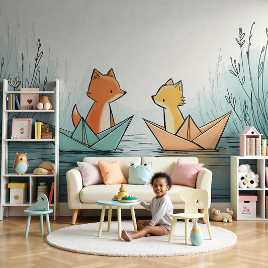 Kids-Mundo fox paper boats wall mural behind a cot in a soft, calming nursery