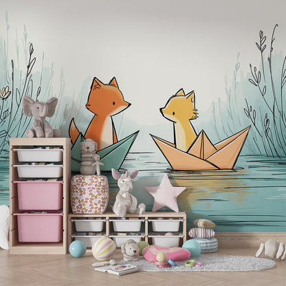 Kids-Mundo fox and paper boat wall mural bringing a dreamy pond scene to a playroom wall