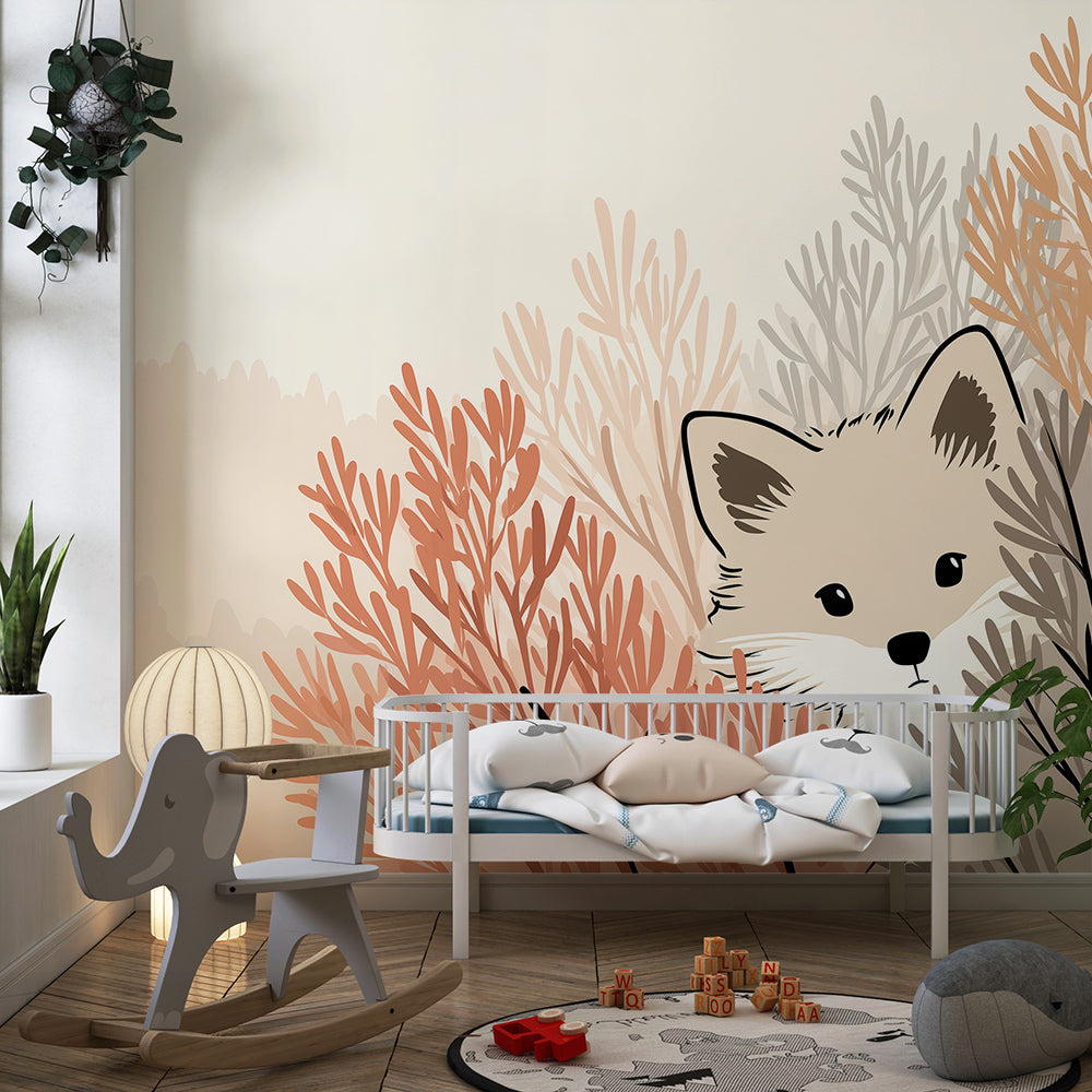 Kids-Mundo fox wall mural in a cosy kids' bedroom with soft beige and terracotta tones