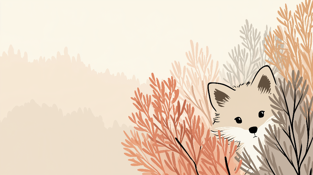Kids-Mundo flat artwork of a fox peeking through soft terracotta and blush foliage