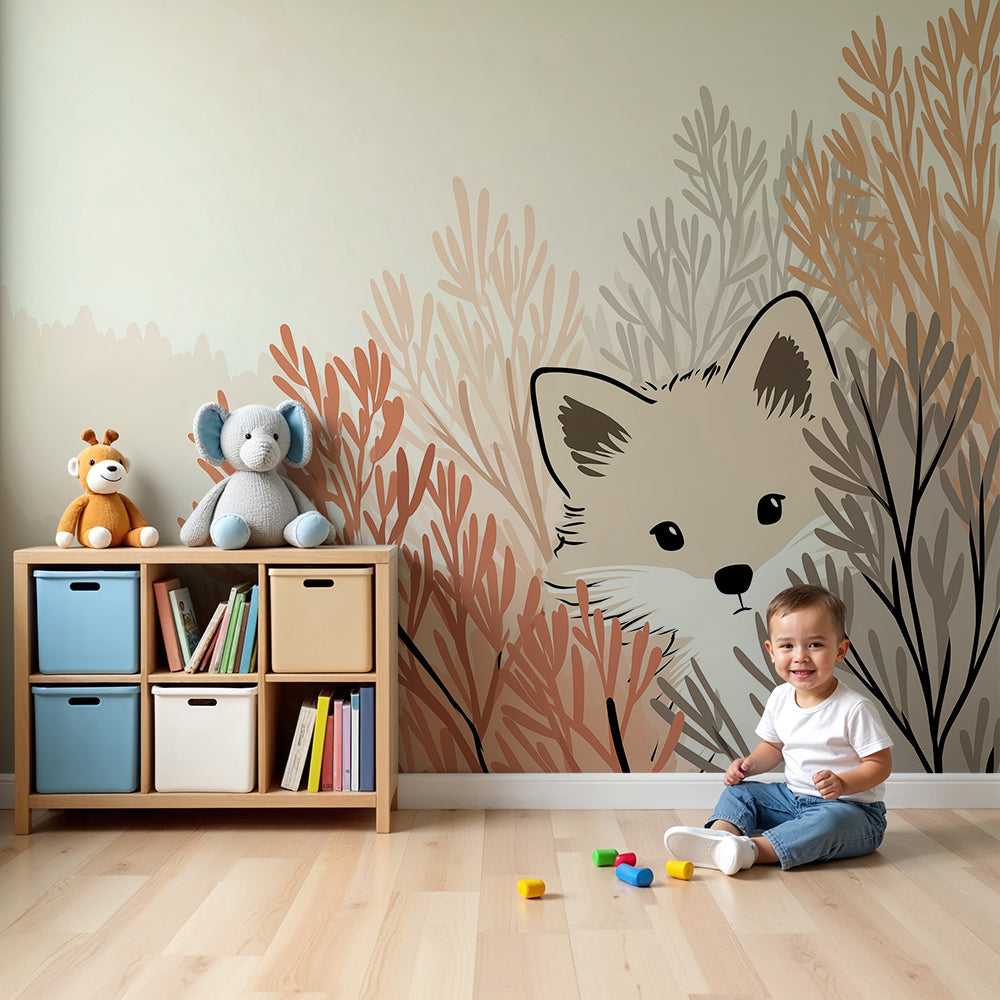 Kids-Mundo fox wall mural in a soft beige nursery with a cot and warm natural light
