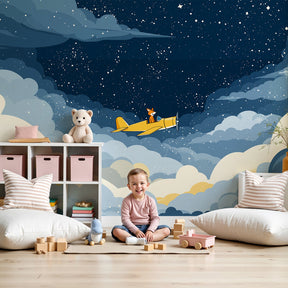 Fox pilot mural wallpaper creating magical aviation-themed nursery decor by Kids-Mundo