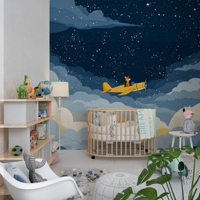 Aviation themed fox pilot mural wallpaper for inspiring kids playroom by Kids-Mundo