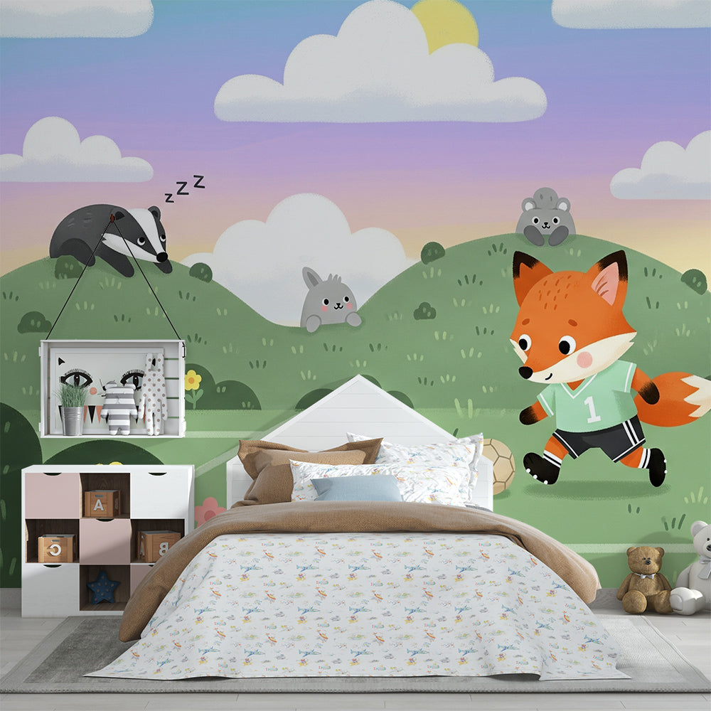 Kids-Mundo playful fox football wall mural styled in a cheerful kids' bedroom setting.