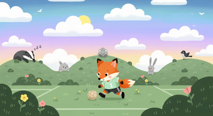 Kids-Mundo flat artwork of a fox playing football with woodland friends in a sunny meadow.