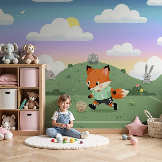 Kids-Mundo fox wall mural showing a playful football scene, made to measure for a bright baby nursery.